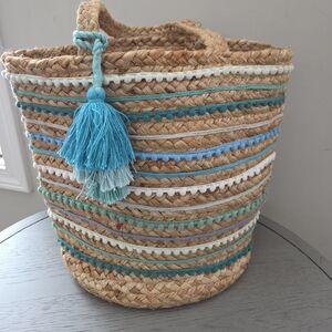 Chico's Natural Woven Straw Tote With Stripes In Shades Of Blue And Green